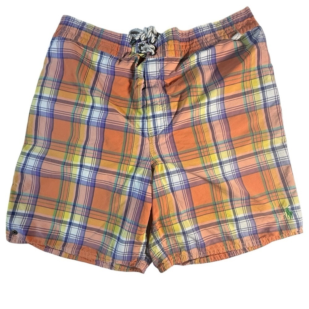 Polo Ralph Lauren Madras Plaid Orange Multicolor Swim Trunks Shorts XL Preppy